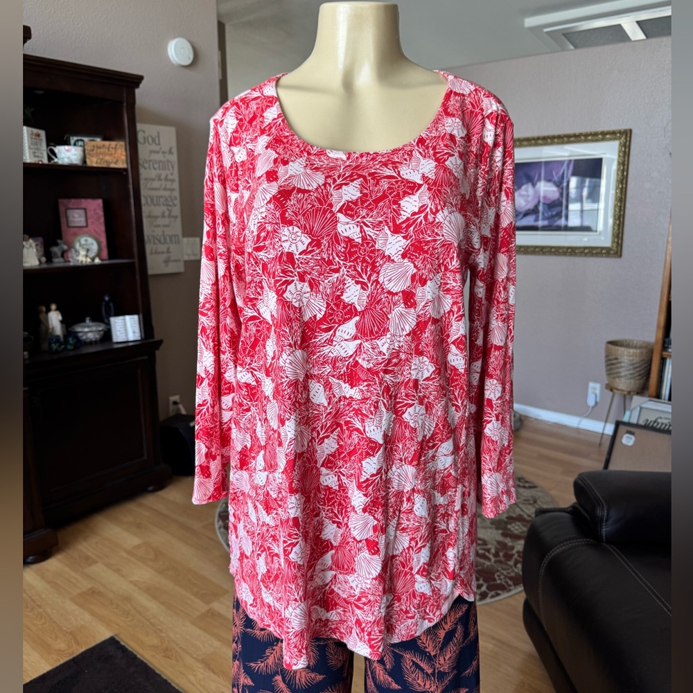 J. Jill red & white floral long sleeve Pima cotton blouse-size L tall